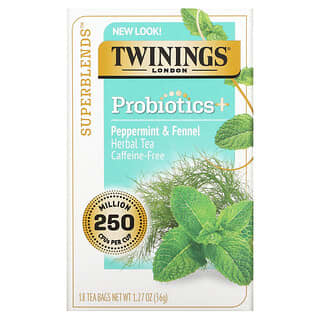 Twinings, Probiotics, травяной чай, перечная мята и фенхель, без кофеина, 18 чайных пакетиков, 36 г (1,27 унции)