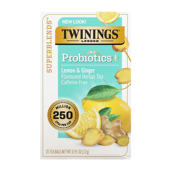 Twinings, 益生菌調味草本茶，檸檬和姜，無咖啡萃取，18 茶包，0.95 盎司（27 克）