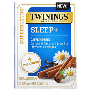 Twinings, Superblends, Té de hierbas con melatonina, manzanilla, canela y vainilla para dormir, Sin cafeína, 16 bolsitas de té, 24 g (0,85 oz)