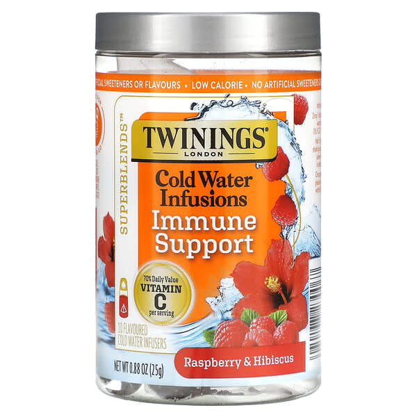 Twinings, Superblends, Cold Water Infusions, Immune Support, Raspberry & Hibiscus, Caffeine Free, 10 Flavoured Cold Water Infusers, 0.88 oz (25 g)