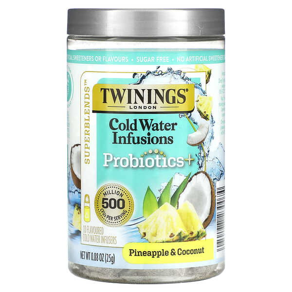 Twinings, 超級混合物，冷水注入物，益生菌 +，菠蘿和椰子，無咖啡萃取，10 種口味冷水注入物，0.88 盎司（25 克）