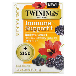 Twinings, Supermélanges, Immune Support+, Tisane Hibiscus et baie de sureau, Mûre, Sans caféine, 16 sachets de thé, 32 g
