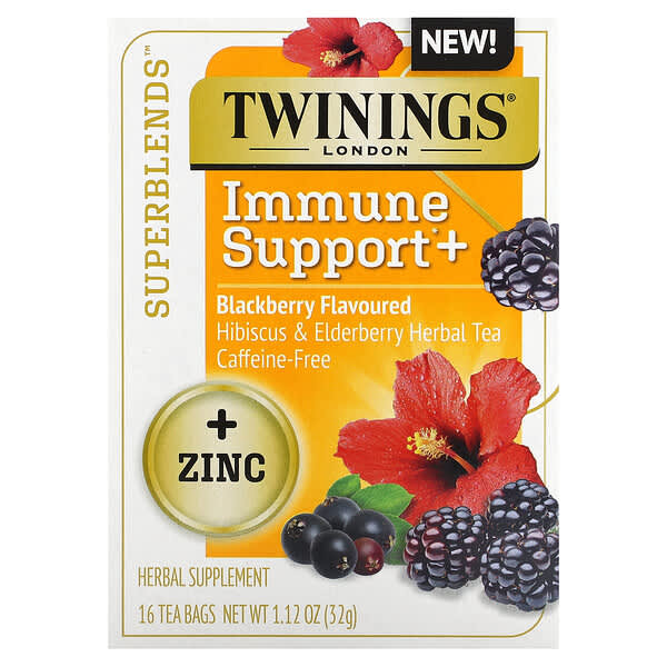 Twinings, 超級混合物，機體抵抗幫助 +，木槿和接骨木果草本茶，黑莓，無咖啡萃取，16 袋茶包，1.12 盎司（32 克）
