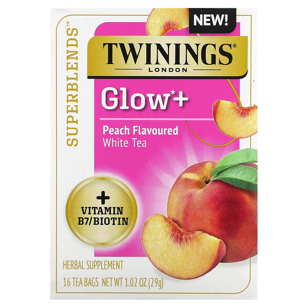 Twinings‏, +Superblends, Glow, תה לבן, אפרסק, 16 שקיקי תה, 29 גרם (1.02 אונקיות)