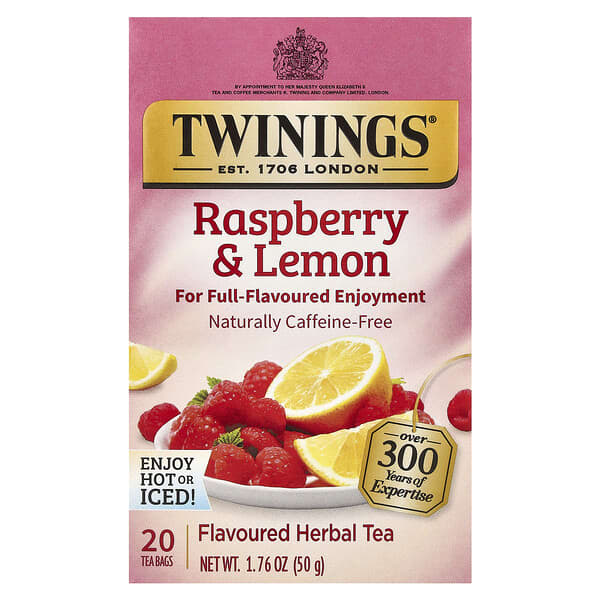 Flavored Herbal Tea, Raspberry & Lemon, Caffeine-Free, 20 Tea Bags, 1.76 oz (50 g)