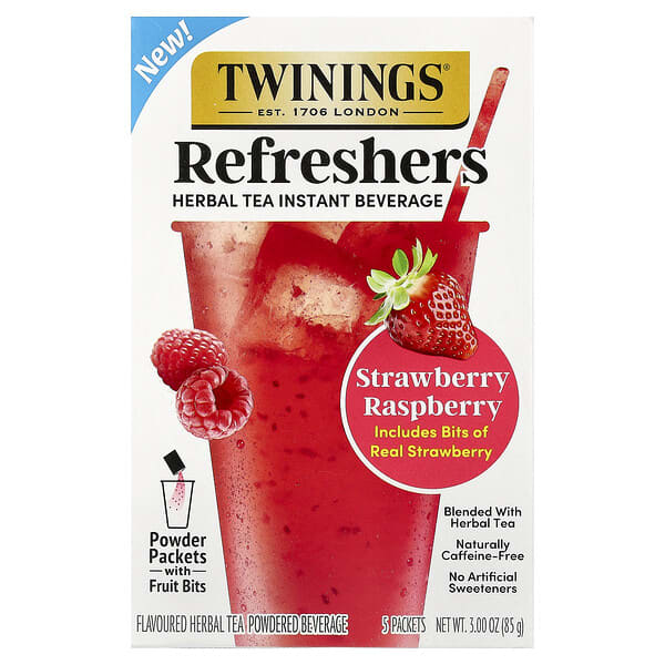 Twinings, Penyegar, Minuman Segera Teh Herba, Strawberi Rasberi, Bebas Kafein, 5 Paket, 0.6 oz (17 g) Setiap Satu
