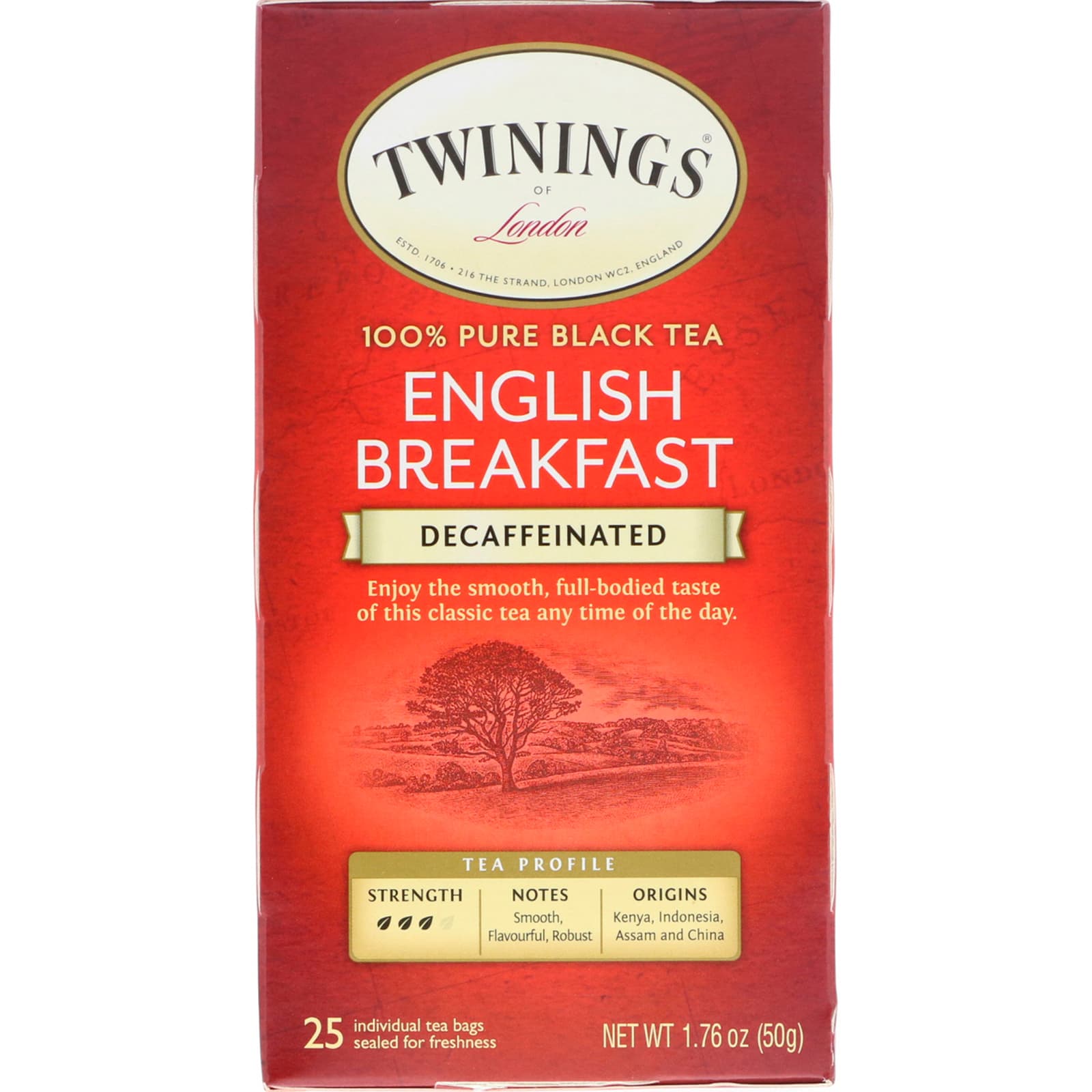 Twinings, 100 Pure Black Tea, English Breakfast, Decaffeinated, 25 Tea Bags, 1.76 oz (50 g)