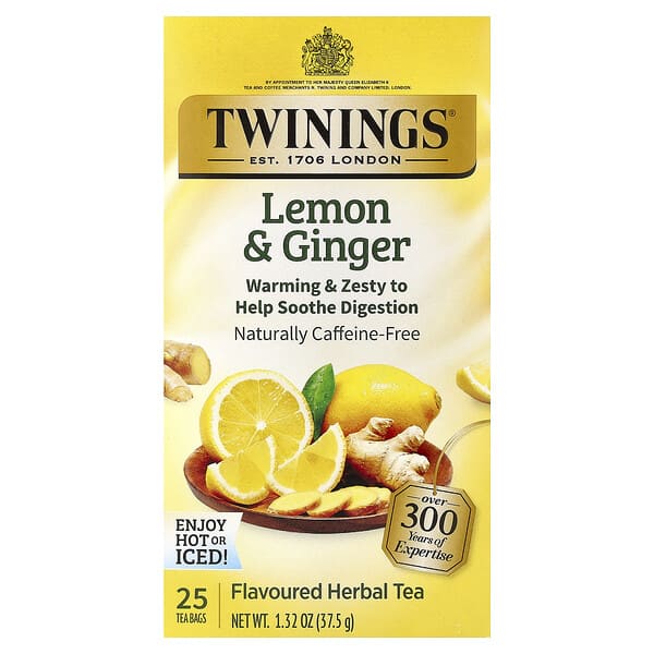 Twinings, 가향 허브차, 레몬 & 생강, 카페인 무함유, 티백 25개, 37.5g(1.32oz)