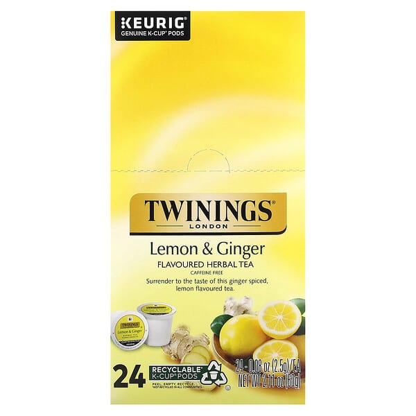 Twinings, Herbal Tea, Lemon &amp; Ginger, Caffeine Free, 24 K-Cup Pods, 0.08 oz (2.5 g) Each
