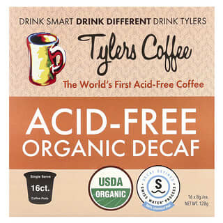 Tylers Coffees, Acid-Free Organic Decaf, 16 Single Serve Coffee Pods, 8 g Each