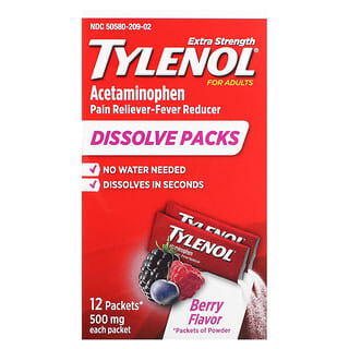 Tylenol, Пакетики с растворимыми ацетаминофенами повышенной силы для взрослых, ягодный вкус, 500 мг, 12 пакетиков порошка