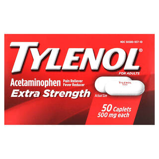Tylenol, 엑스트라 스트렝스, 아세트아미노펜 통증 완화제 해열제, 성인용, 500mg, 당의정 50정