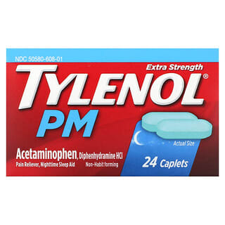 Tylenol‏, PM Acetaminophen בעוצמה מוגברת, משכך כאבים, מסייע לשנת לילה, 24 קפליות