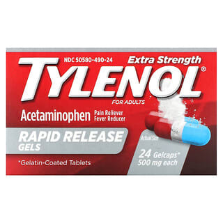 Tylenol, Géis de Liberação Rápida, Acetaminofeno Extraordinário para Adultos, 500 mg, 24 Gelcaps