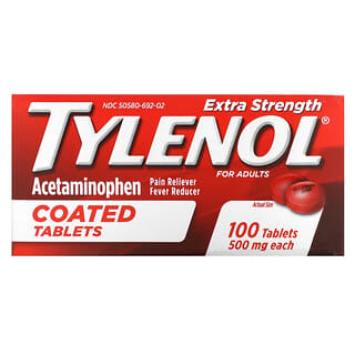 Tylenol‏, "Acetaminophen בעוצמה מוגברת, למבוגרים, 500 מ""ג, 100 טבליות מצופות"