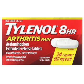 Tylenol, 8 HR, знеболювальний, жарознижувальний засіб, 650 мг, 24 капсули