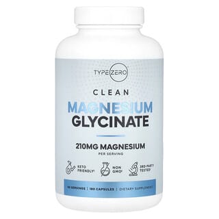TypeZero, Glicinato de magnesio puro, 210 mg, 180 cápsulas (70 mg por cápsula)