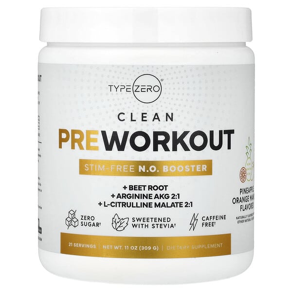 Clean Pre Workout, Stim-Free N.O. Booster, Pineapple Orange Mango, 11 oz (309 g)