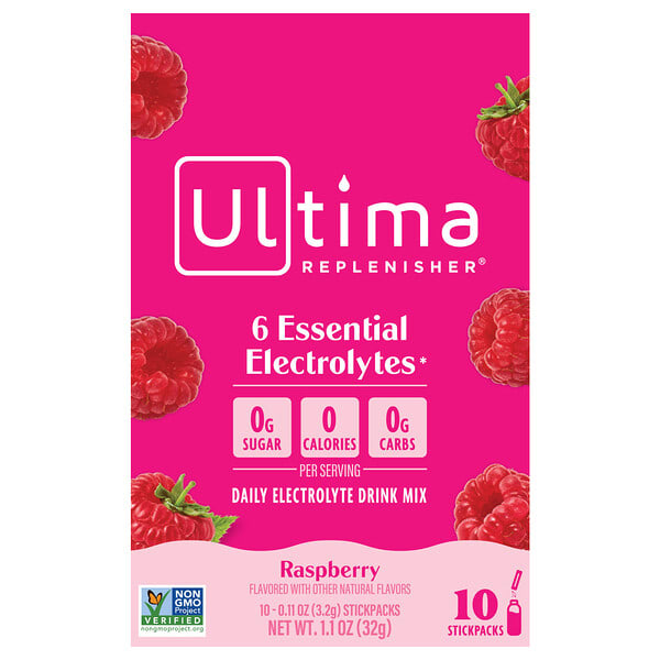 Ultima Replenisher, 6 種必需電解質，日常電解質混合飲品，樹莓味，10 條，每條 0.11 盎司（3.2 克）