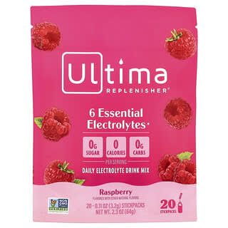 Ultima Replenisher, 6 Essential Electrolytes, Daily Electrolyte Drink Mix, Raspberry, 20 Stickpacks, 0.11 oz (3.2 g) Each