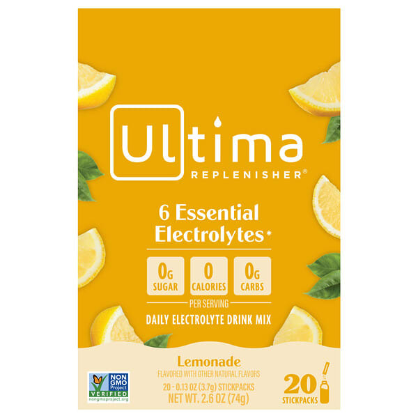 Ultima Replenisher, 日常電解質飲品混合物，檸檬水味，20 條，每條 0.13 盎司（3.7 克）
