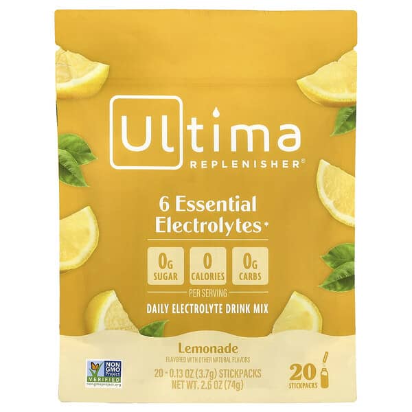 Ultima Replenisher, 6 種必需電解質，日常電解質混合飲品，檸檬水味，20 條，每條 0.13 盎司（3.7 克）