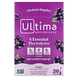 Ultima Replenisher, 6 Essential Electrolytes, смесь для приготовления электролитического напитка для ежедневного приема, со вкусом винограда, 20 стиков по 3,6 г (0,13 унции)