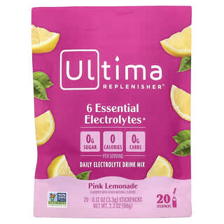 Ultima Replenisher, 6 Essential Electrolytes, Daily Electrolyte Drink Mix, Pink Lemonade, 20 Stickpacks, 0.12 oz (3.3 g) Each