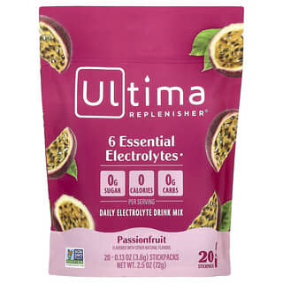 Ultima Replenisher, 6 Essential Electrolytes, Daily Electrolyte Drink Mix, Passionfruit, 20 Stickpacks, 0.13 oz (3.6 g) Each