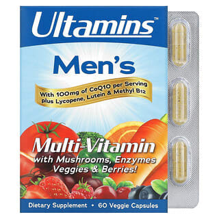 Ultamins, Suplemento multivitamínico para hombres con CoQ10, hongos, enzimas, vegetales y bayas, 60 cápsulas vegetales