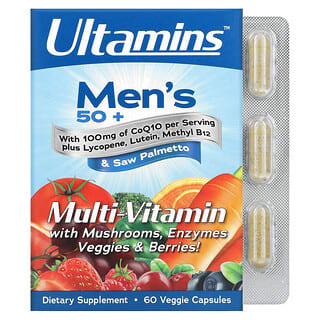 Ultamins, วิตามินรวมสำหรับผู้ชายวัย 50+ พร้อมโคเอนไซม์คิวเทน เห็ด เอนไซม์ ผัก และเบอร์รี่ บรรจุแคปซูลผัก 60 แคปซูล