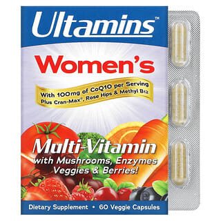 Ultamins, CoQ10 함유 여성용 종합비타민, 버섯, 효소, 채소, 베리 함유, 베지 캡슐 60정