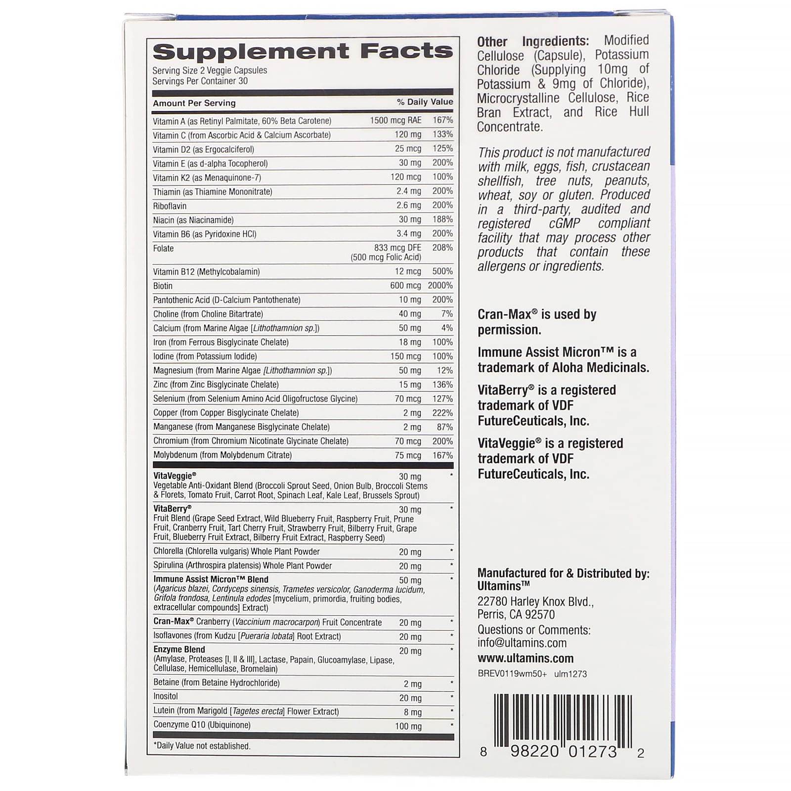 Ultamins 50 岁以上女性多维生素含辅酶q10 菇类 酶 蔬菜 浆果 60 粒素食胶囊