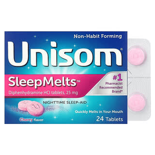 Unisom, SleepMelts, Auxílio ao Sono Noturno, Cereja, 24 Comprimidos