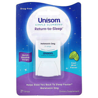 Unisom, Simple Slumbers, возврат к сну, мелатониновые полоски, холодящая мята, 3 мг, 21 полоска
