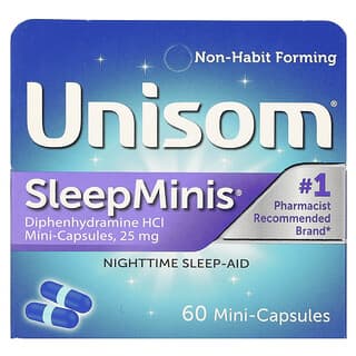 Unisom, SleepMinis, aiuto per il sonno notturno, 25 mg, 60 mini-capsule