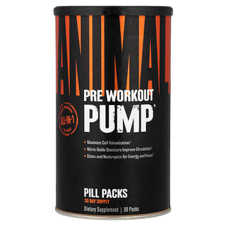 Animal, Pre Workout Pump, Suplemento para favorecer la vascularización preentrenamiento, Paquetes de pastillas, 30 paquetes