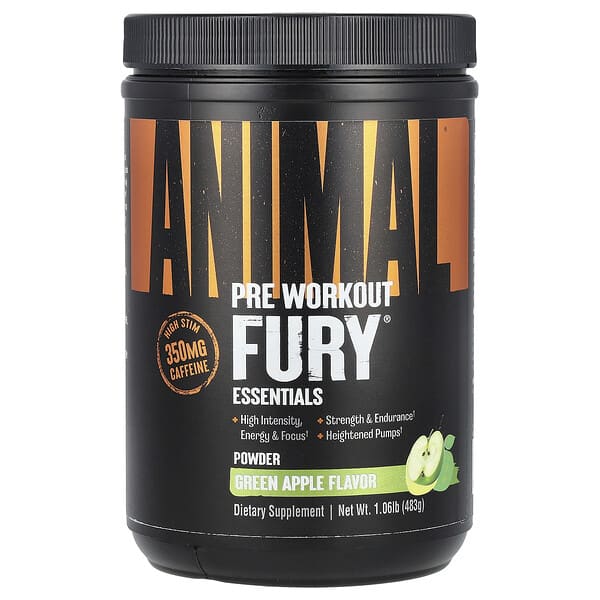 Animal Fury® Essentials, Pre Workout, Green Apple, 1.06 lb (483 g)