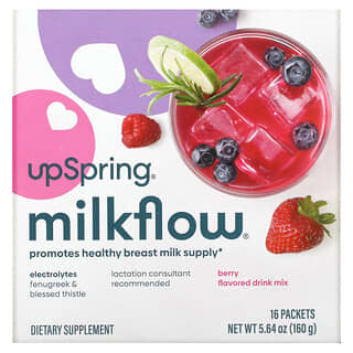 UpSpring (آبسرينغ)‏, Milkflow، مشروب مكمل غذائي بالحلبة والقنطريون المبارك، توت، 16 كيس، 0.35 أونصة، (10 جم) لكل كيس