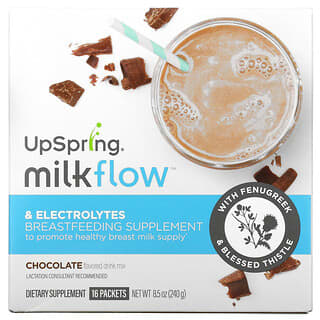 UpSpring, MilkFlow, Fenugreek & Blessed Thistle Supplement Drink, Chocolate, 16 Packets, 0.53 oz (15 g) Each