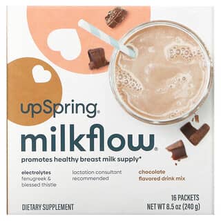 UpSpring, Milkflow، مشروب مكمل غذائي بالحلبة والقنطريون المبارك، شيكولاتة، 16 كيس، 0.53 جم، (15 جم) لكل كيس