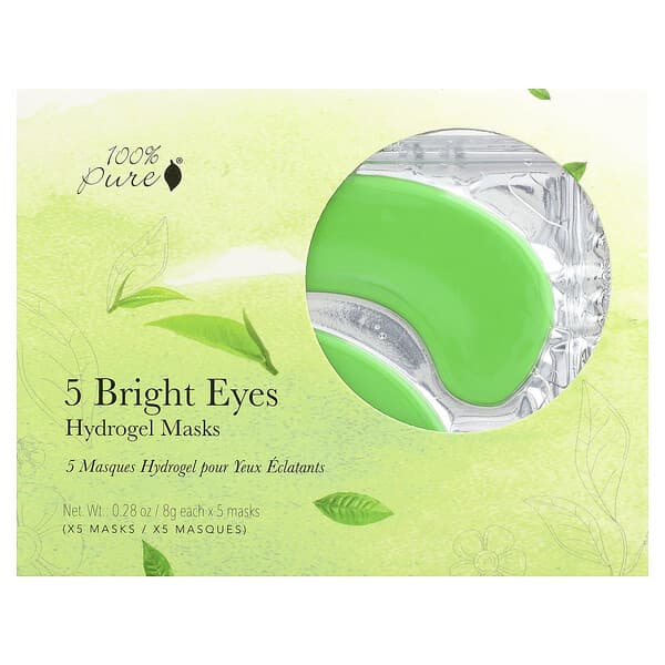 100% PURE, Bright Eyes, hydrogélové očné masky, 5 masiek, každá s hmotnosťou 0,28 oz (8 g)