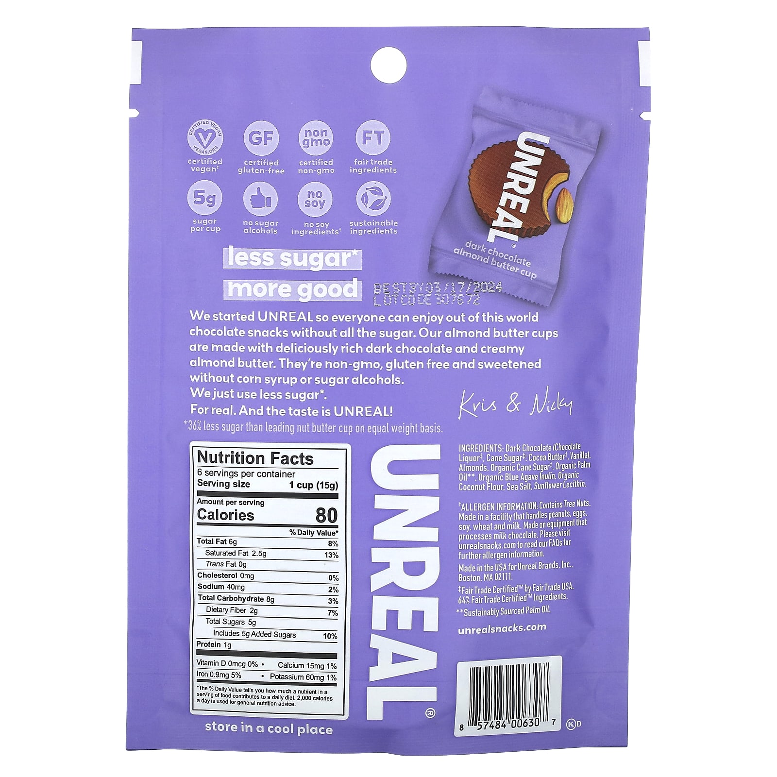 Unreal, Dark Chocolate Almond Butter Cups, 3.2 oz (90 g)