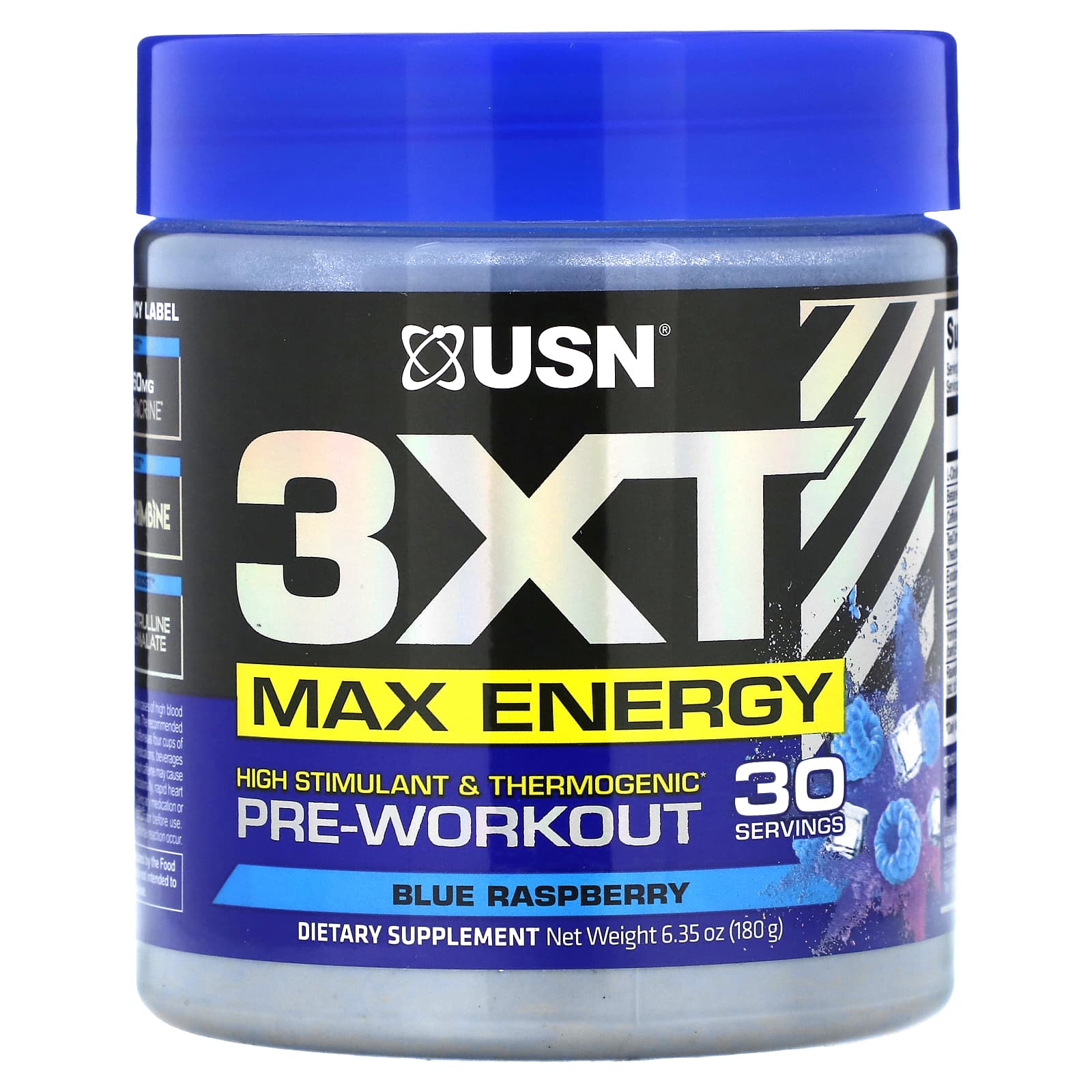 USN, 3XT Max Energy, High Stimulant & Thermogenic PreWorkout, Blue Raspberry , 6.35 oz (180 g)