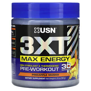 USN, 3XT Max Energy，優等級興奮成分和生熱鍛煉前配方，菠蘿芒果味，6.35 盎司（180 克）