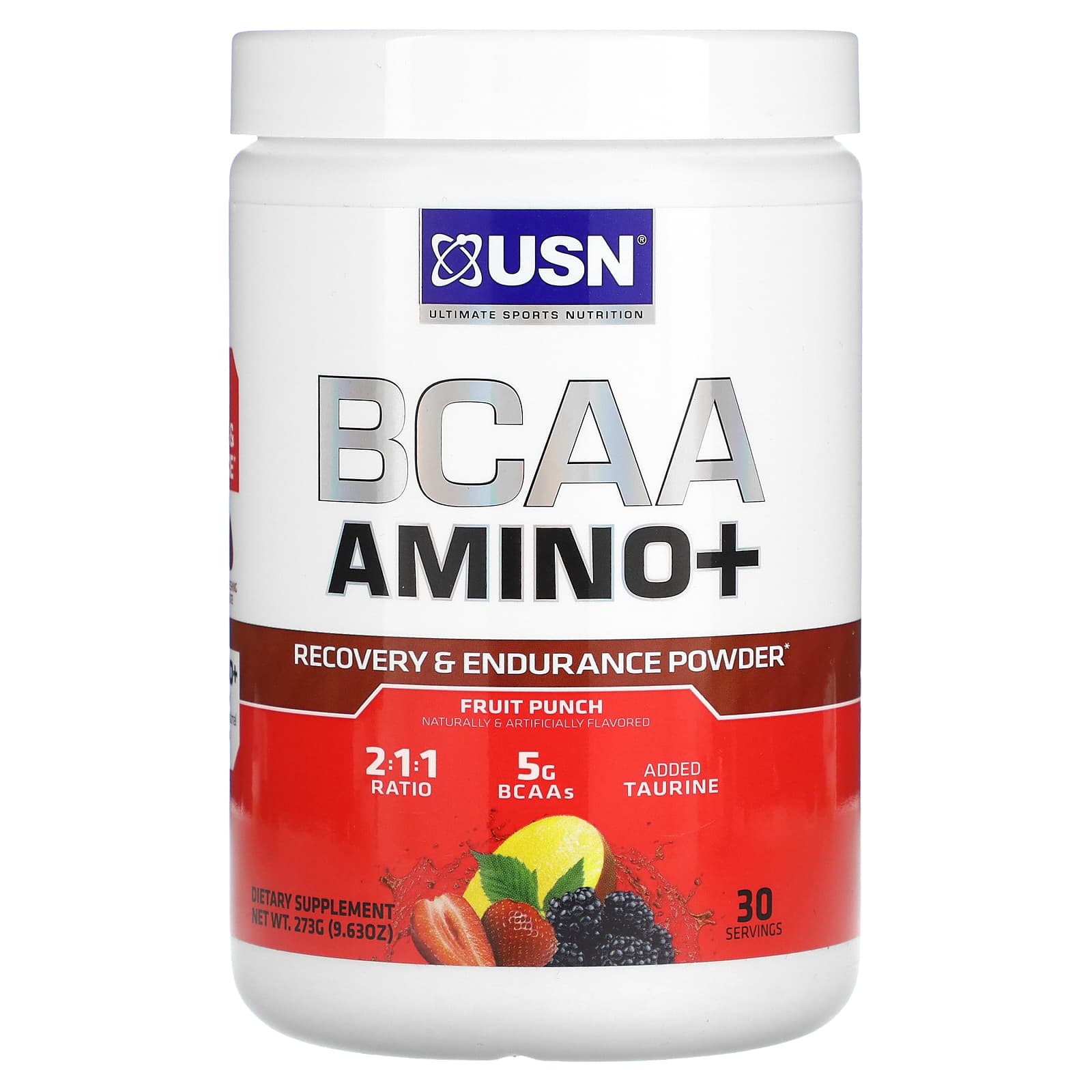 USN, BCAA 아미노+, 회복 및 지구력 증진 분말, 과일 펀치 맛, 273g(9.63oz)