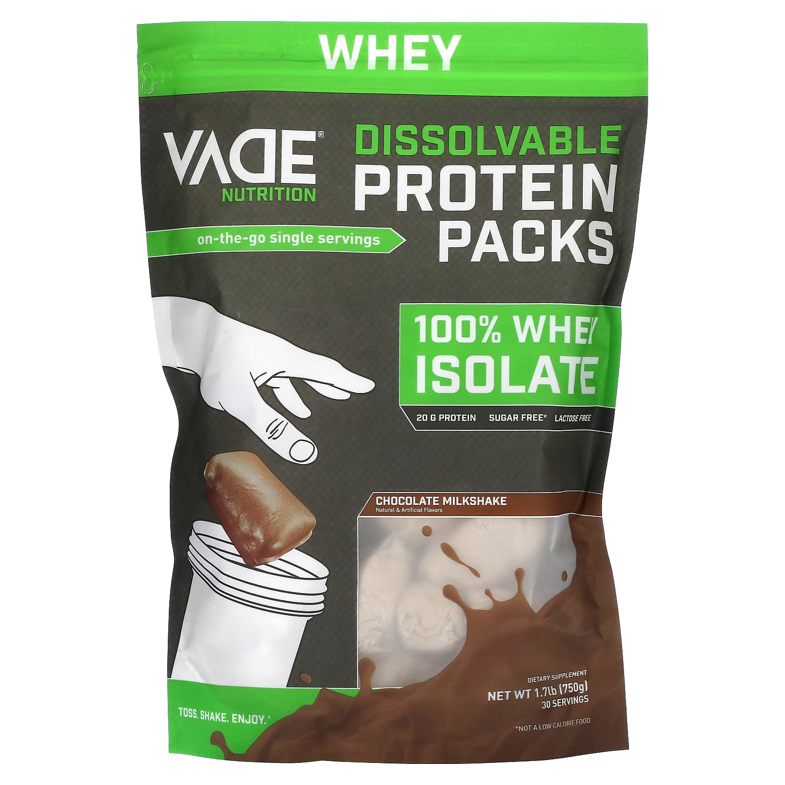 Vade Nutrition, Dissolvable Protein Packs, 100 Whey Isolate, Chocolate Milkshake, 1.7 lb (750 g)