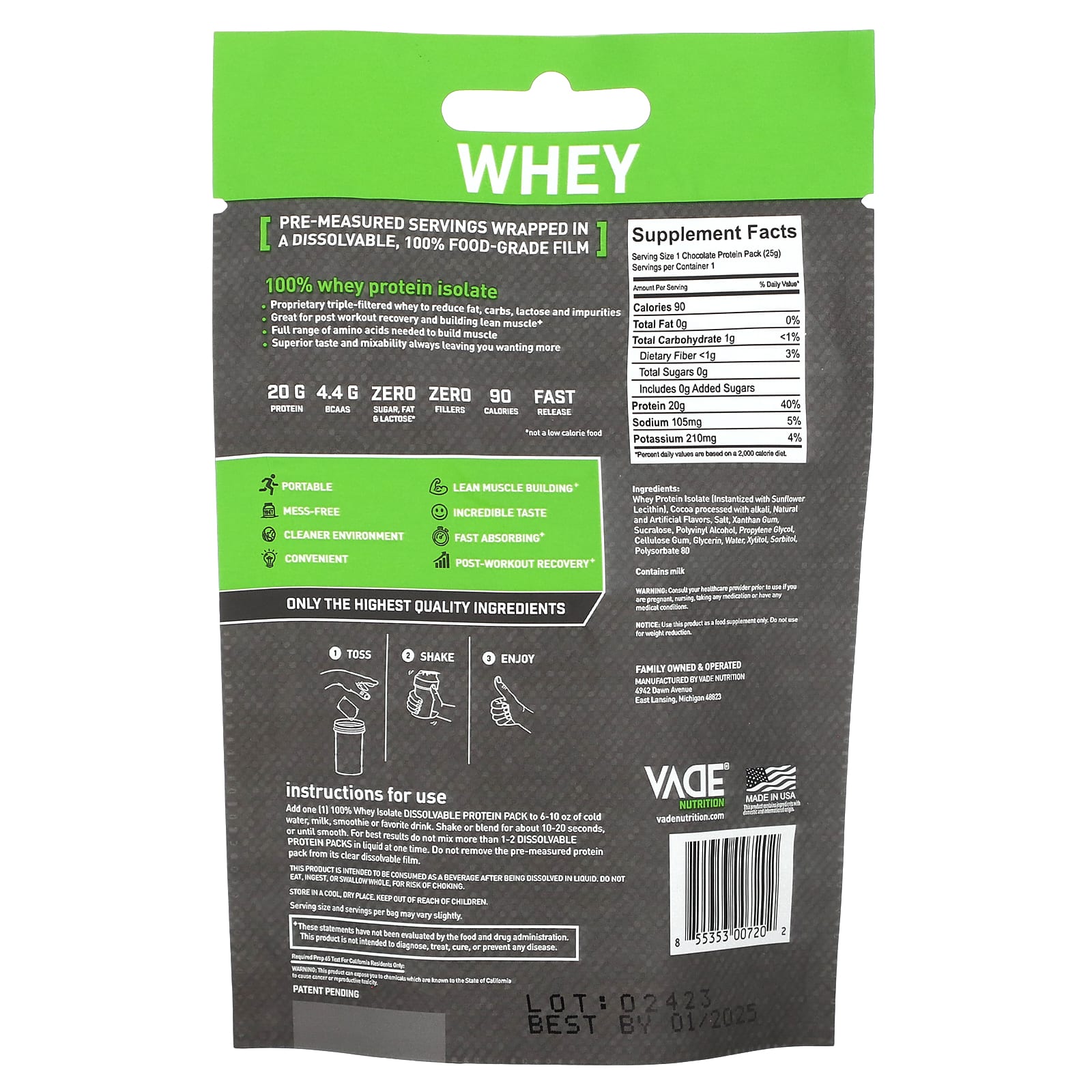 Vade Nutrition, Dissolvable Protein Packs, 100 Whey Isolate, Chocolate Milkshake, 0.06 lb (25 g)