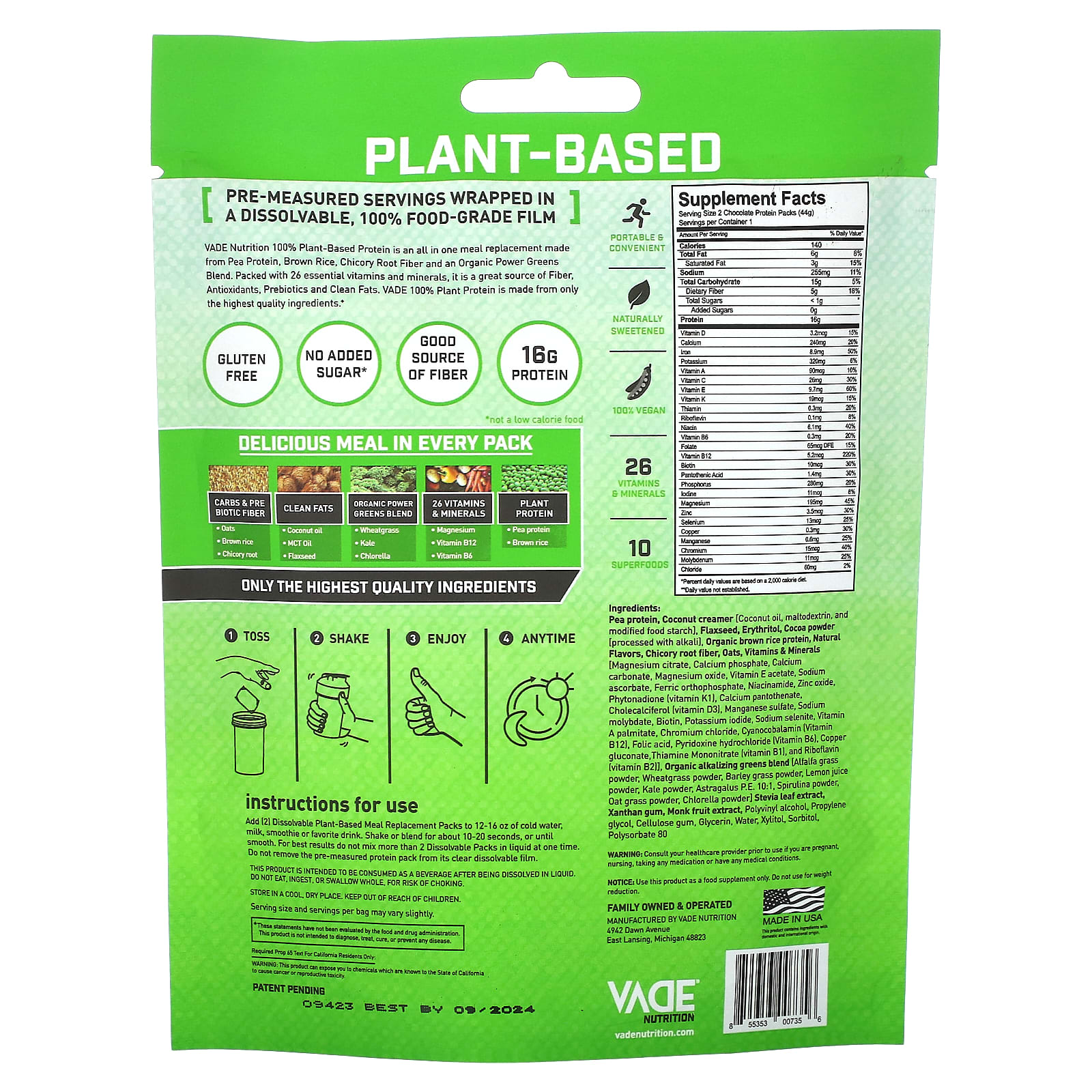 Vade Nutrition, Dissolvable Protein Packs, 100 Plant Meal Replacement