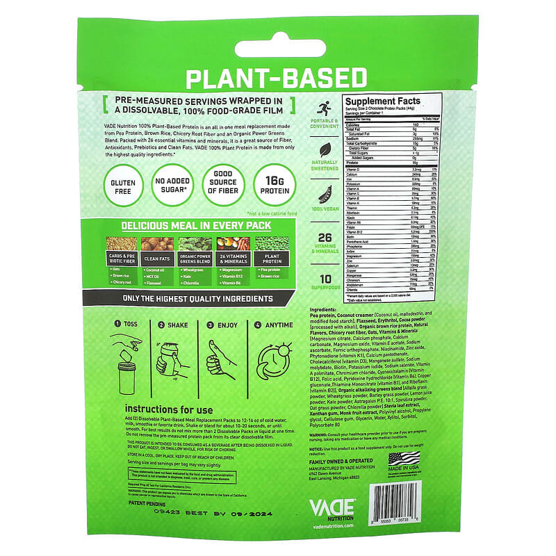 Vade Nutrition Dissolvable Plant-Based Meal Replacement Packs | Chocolate |  On-The-Go, 100% Vegan, 26 Vitamins & Minerals, 10 Superfoods, Lactose